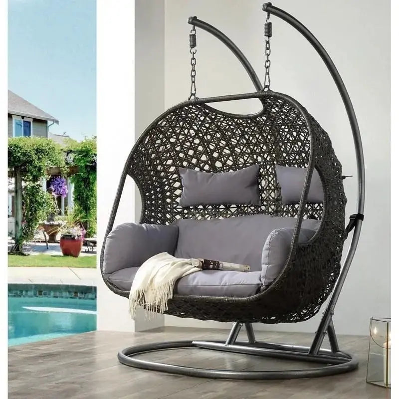 Woven Wicker Patio Swing Chair  All-Weather Resin, Curved Backrest, Powder-Coated Frame