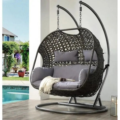 Woven Wicker Patio Swing Chair  All-Weather Resin, Curved Backrest, Powder-Coated Frame
