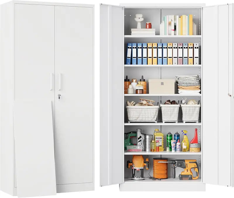Heavy-Duty Lockable Metal Storage Cabinet  71-Inch Black Steel Unit with Six Shelves for Garage, Office, or Workshop Use