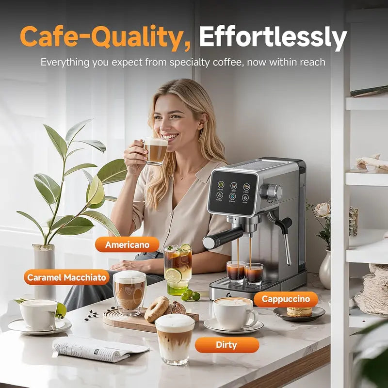 20-Bar LED Touchscreen Espresso Machine with Auto-Cleaning & Integrated Milk Frother for Cappuccinos and Lattes