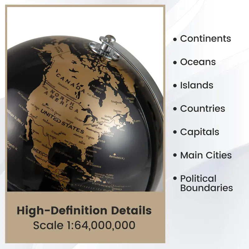 8-Inch Black Metallic World Globe  Interactive Learning Tool for Students