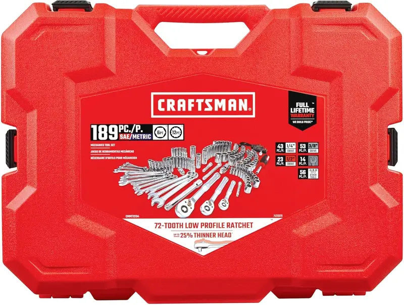 CRAFTSMAN 189-Piece Mechanics Tool Set  Includes 1/4″ and 3/8″ Drive Ratchets, Sockets, and Accessories (CMMT12134)