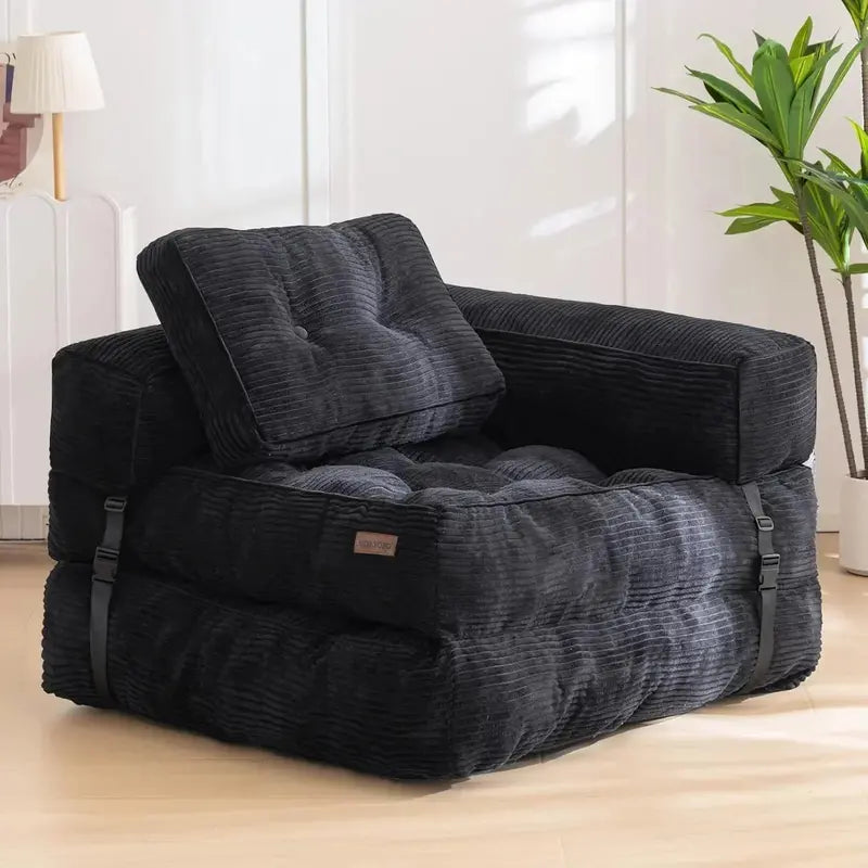 L-Shaped Folding Sofa Bed  Convertible Living Room Lounger with Armrests & Pillows