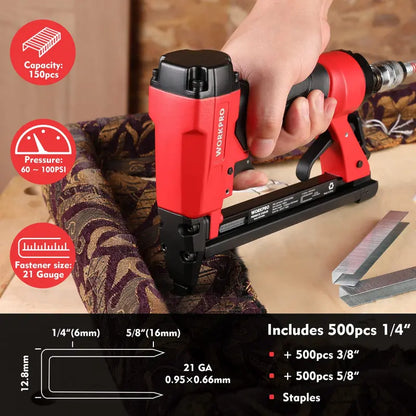 WORKPRO Pneumatic 21/22-Gauge Staple Gun for Upholstery  Includes Staples (1/4″5/8″)