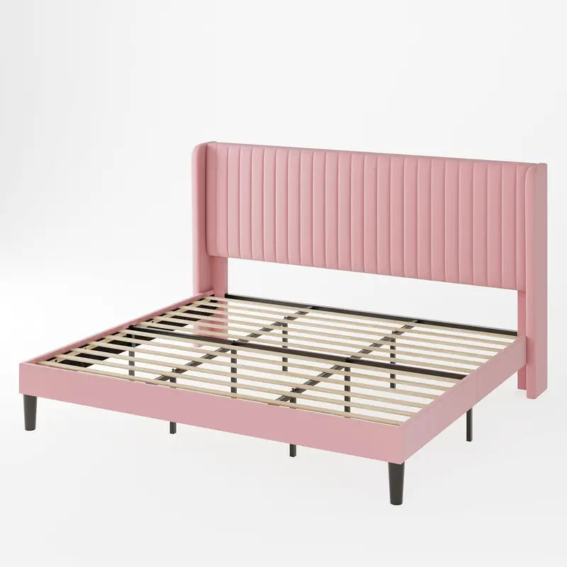 Allewie Full Size Velvet Wingback Bed  Channel-Tufted Upholstered Frame with Vertical Headboard