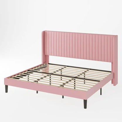 Allewie Full Size Velvet Wingback Bed  Channel-Tufted Upholstered Frame with Vertical Headboard