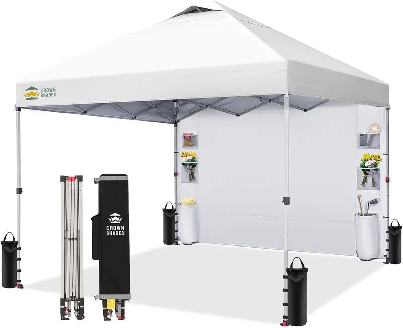 CROWN SHADES 10′ x 10′ Pop-Up Canopy: One-Touch Setup with Center-Lock Mechanism, Integrated Sidewall Pockets, and Portable Beach or Camping Shelter