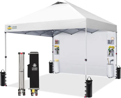 CROWN SHADES 10′ x 10′ Pop-Up Canopy: One-Touch Setup with Center-Lock Mechanism, Integrated Sidewall Pockets, and Portable Beach or Camping Shelter