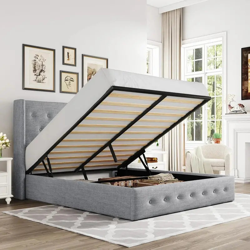 Allewie Modern Hydraulic Lift Queen Storage Bed  Wingback Headboard, Light Beige