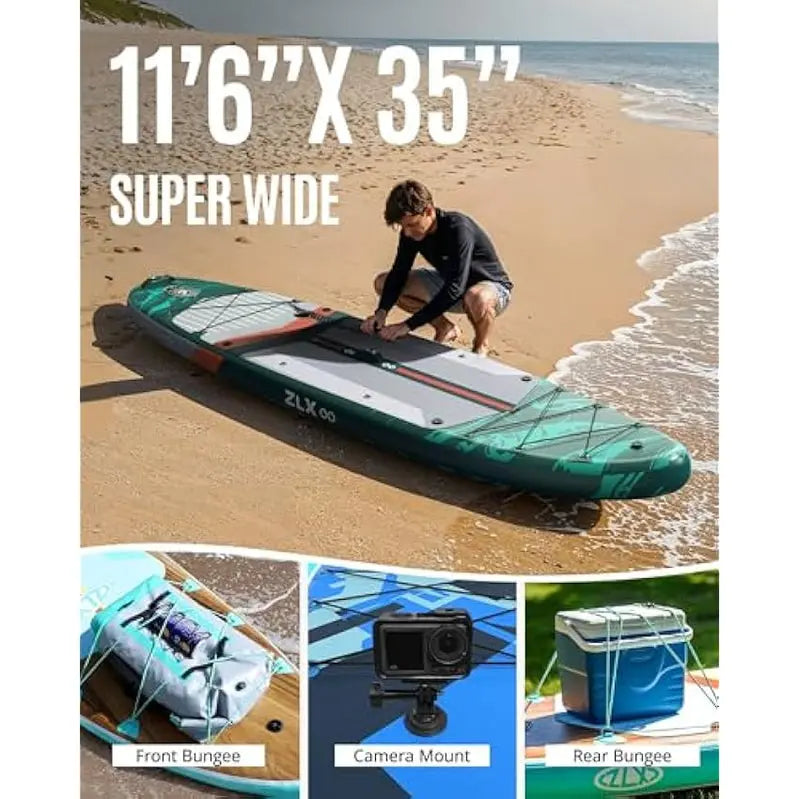 ZLX 11’6″ Extra-Wide Inflatable Stand-Up Paddle Board  Ultra-Stable SUP with Non-Slip Deck Pad