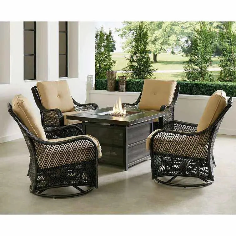 Orleans 5-Piece Patio Fire Pit Set — Steel Conversation Area with Swivel Gliders, Navy Cushions, and Square Table Base