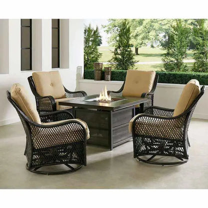 Orleans 5-Piece Patio Fire Pit Set — Steel Conversation Area with Swivel Gliders, Navy Cushions, and Square Table Base