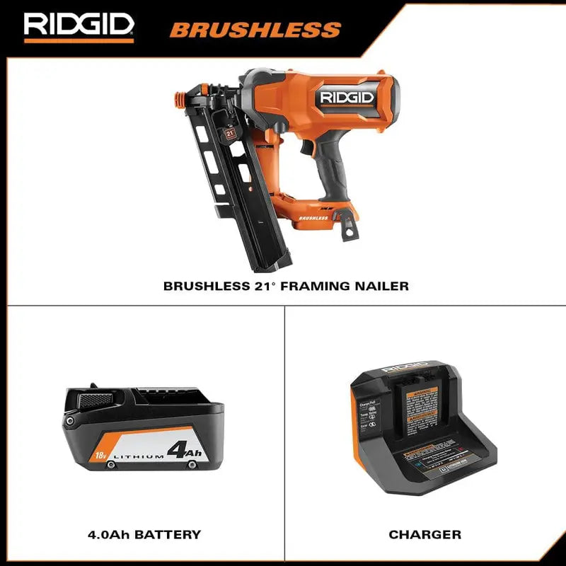 RIDGID 18V Brushless Cordless 21¡ã 3-1/2 in. Framing Nailer Kit with 4.0 Ah Battery and Charger R09894KN
