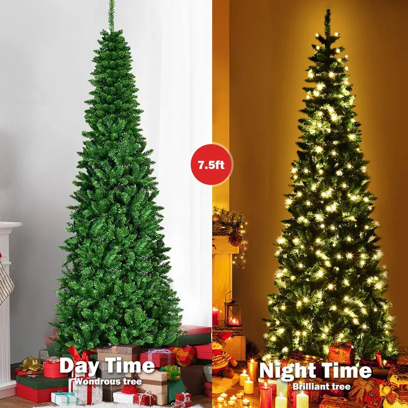 Premium Pre-Lit Pencil Christmas Tree  Space-Saving Hinged Fir with Premium Branch Tips