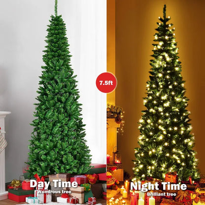 Premium Pre-Lit Pencil Christmas Tree  Space-Saving Hinged Fir with Premium Branch Tips