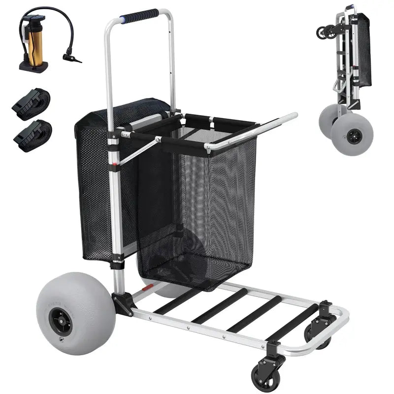 Heavy-Duty Foldable Beach Cart  Aluminum Frame, 12″ Balloon Wheels, 220-Lb Capacity, Adjustable Handle
