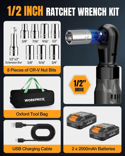 WORKPROX 20V Dual-Socket Cordless Ratchet Wrench Kit  1/2″ & 3/8″ Drive, 74 Ft-Lbs Torque, Includes Two Batteries