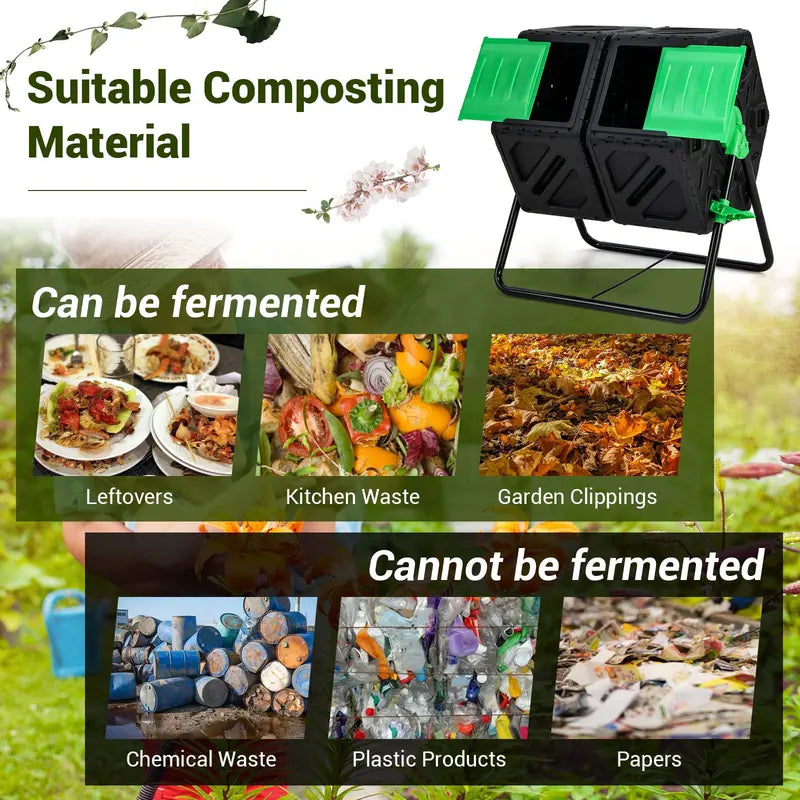Dual-Chamber Compost Tumbler, 34.5-Gallon Rotating Bin with Independent Composting Compartments