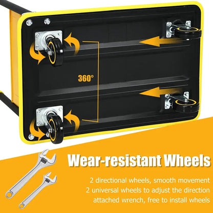 Lightweight Folding Flatbed Cart  330 LB Capacity Yellow Platform Dolly with Push Handle