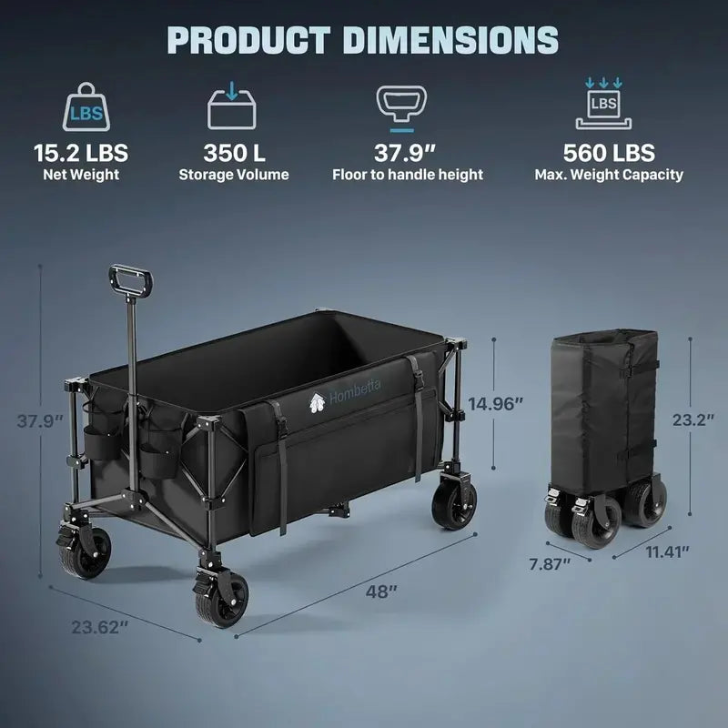 Extra-Large 48″ Heavy-Duty Folding Cart  560 lb Capacity, 350L Volume, Brake-Enabled Utility Wagon