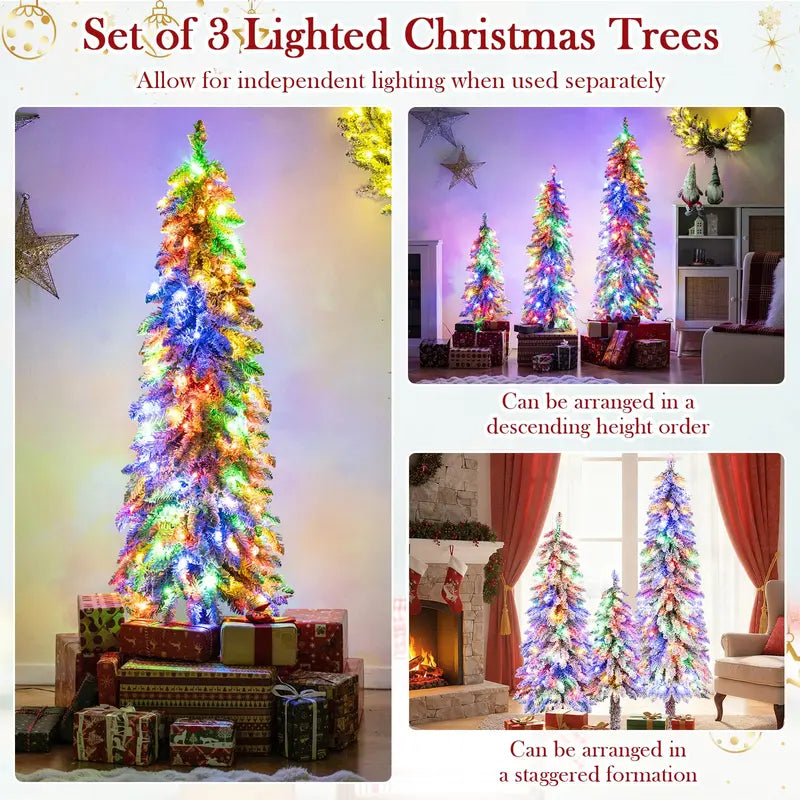 Three-Piece Snow-Flocked Christmas Tree Set  3’, 4’, and 5’ Trees with 300 Multicolor LEDs