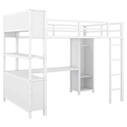 Off-White Metal Loft Bed with Under-Bed Desk and Closet Integration  Full-Size Space-Saving Solution