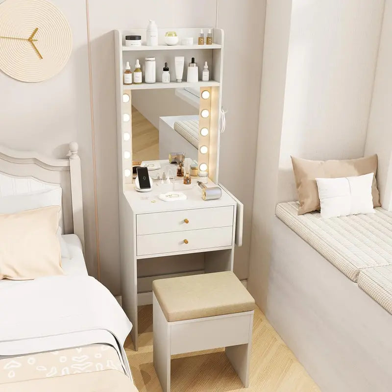 Compact Vanity Desk with LED Mirror & Charging Station  Foldable Side Table, Drawers, Shelves, and Matching Chair (White)