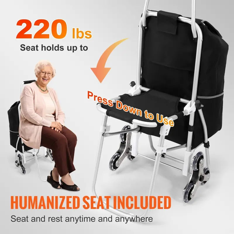 Foldable Stair-Climbing Shopping Cart  50L Capacity with Integrated Bag and Comfort Seat