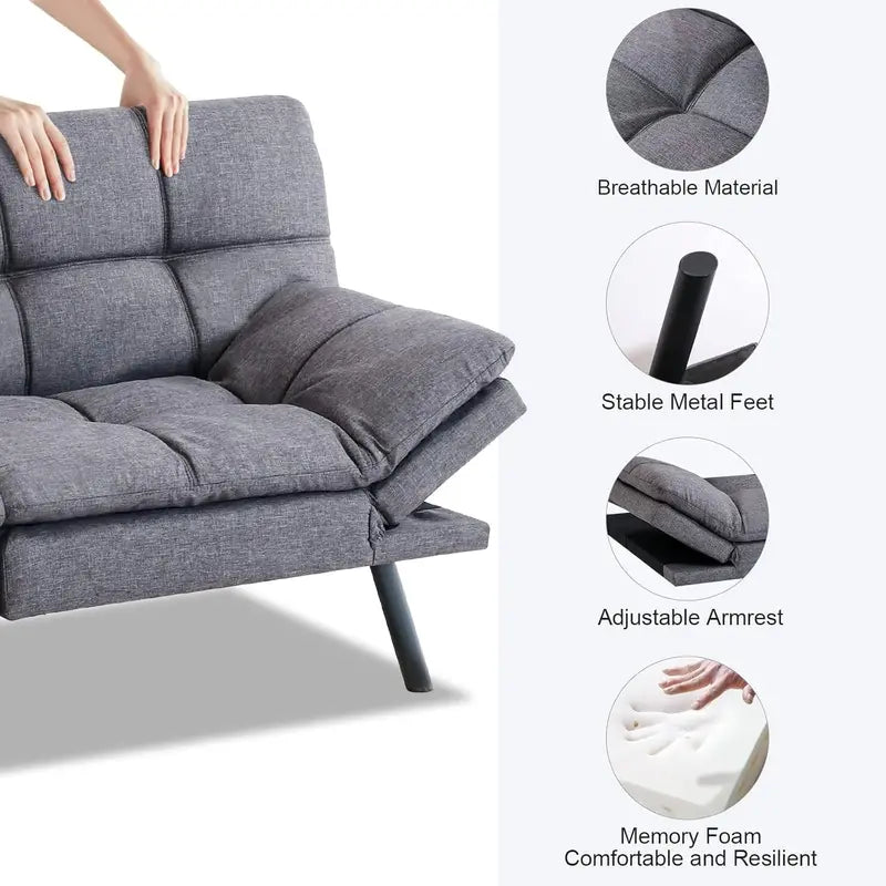 Modern Futon Sofa Bed  Memory Foam Cushioned Convertible Couch with Supportive Sleep Surface