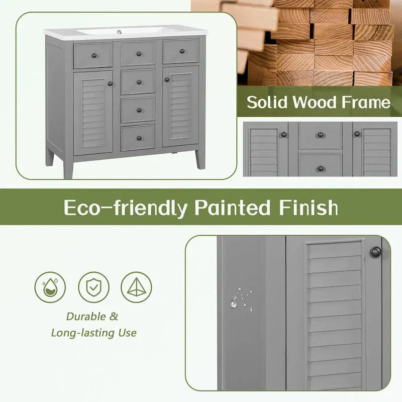 Modern Bathroom Vanity Featuring Ceramic Sink, Dual Cabinets, and Five-Drawer Storage