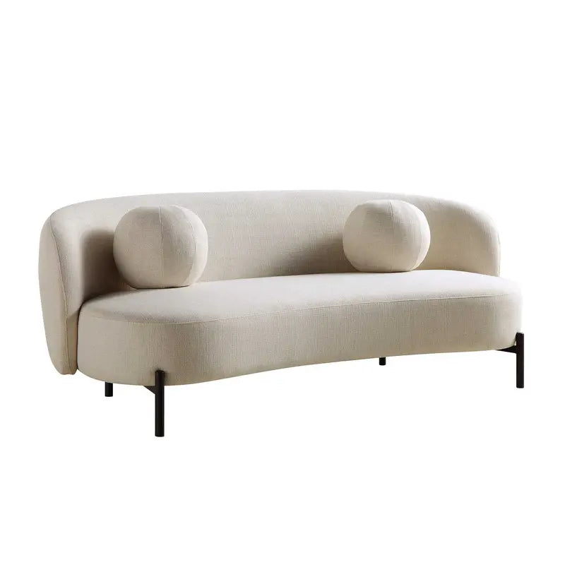 Curved 3-Seater Sofa with Ball-Shape Cushions  Beige Linen-Blend Lounge Sofa
