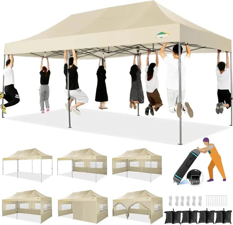 COBIZI 10×20 ft Commercial Pop-Up Canopy Tent  Heavy-Duty Frame, 6 Sidewalls, Wind/Waterproof Gazebo with Roller Bag