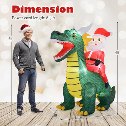6.7-Foot Inflatable Santa on Dinosaur  Outdoor Holiday Decoration with Built-in Lights and Ground Stakes