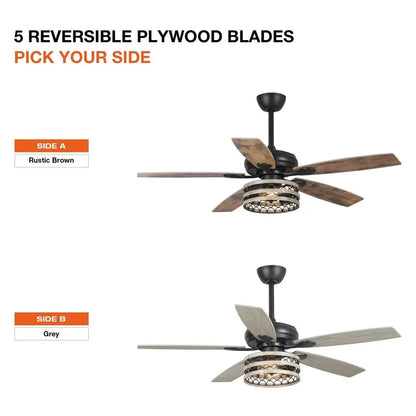 52-Inch Farmhouse Ceiling Fan  Driftwood Finish with Remote-Controlled Caged Design