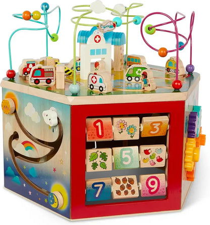 City-Themed Wooden Activity Cube  Educational Toddler Toy with Sensory Play Features, Ages 1+