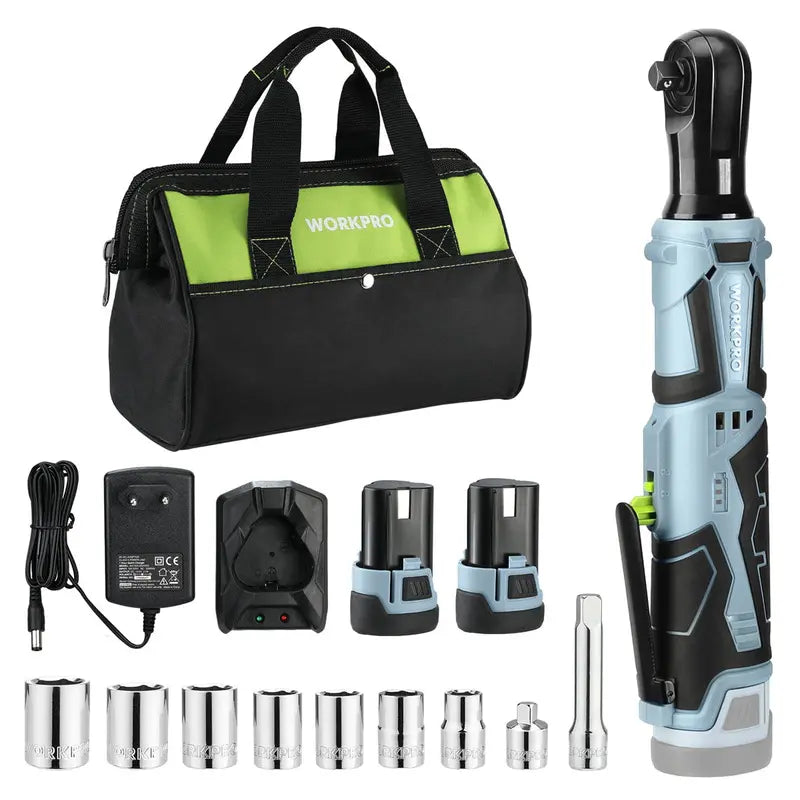 WORKPRO 12V Cordless Electric Ratchet Wrench  3/8″ Drive, 40 Ft-lbs Torque, Includes 9-Piece Accessory Kit