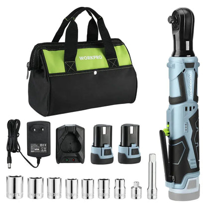 WORKPRO 12V Cordless Electric Ratchet Wrench  3/8″ Drive, 40 Ft-lbs Torque, Includes 9-Piece Accessory Kit