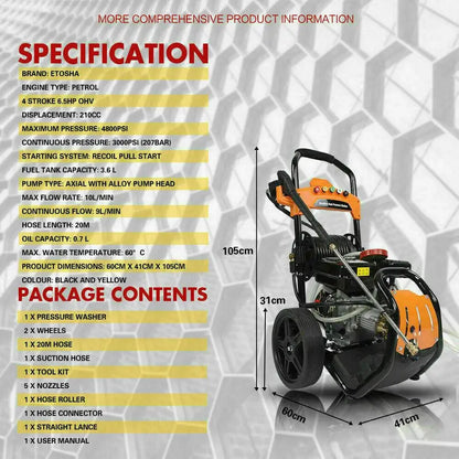 Heavy-Duty 4800 PSI Gas Pressure Washer with 5-Position Spray Nozzle