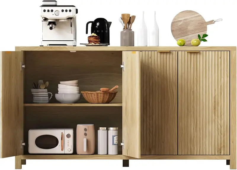 55-Inch Fluted Black Sideboard  Contemporary 4-Door Storage Cabinet with 2 Adjustable Shelves & 5 Legs