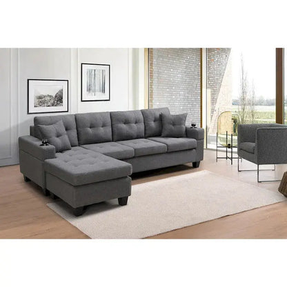 L-Shaped Sectional Sofa with Chaise Lounge & Integrated Cup Holders  Living Room Set