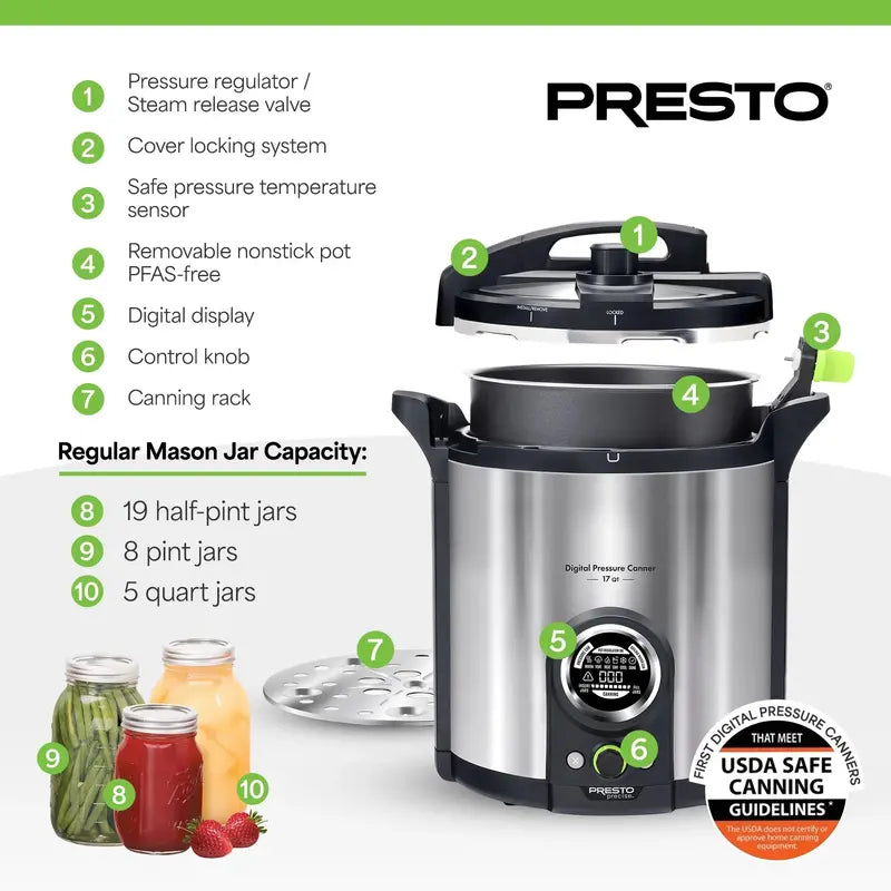 Presto Precise 17-Quart Stainless Steel Electric Pressure Canner  Energy-Efficient & Safe