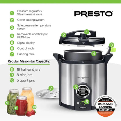 Presto Precise 17-Quart Stainless Steel Electric Pressure Canner  Energy-Efficient & Safe