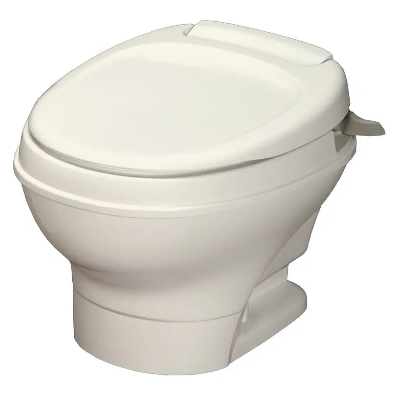 Low-Profile RV Toilet with Manual Hand-Flush Mechanism in Parchment Finish