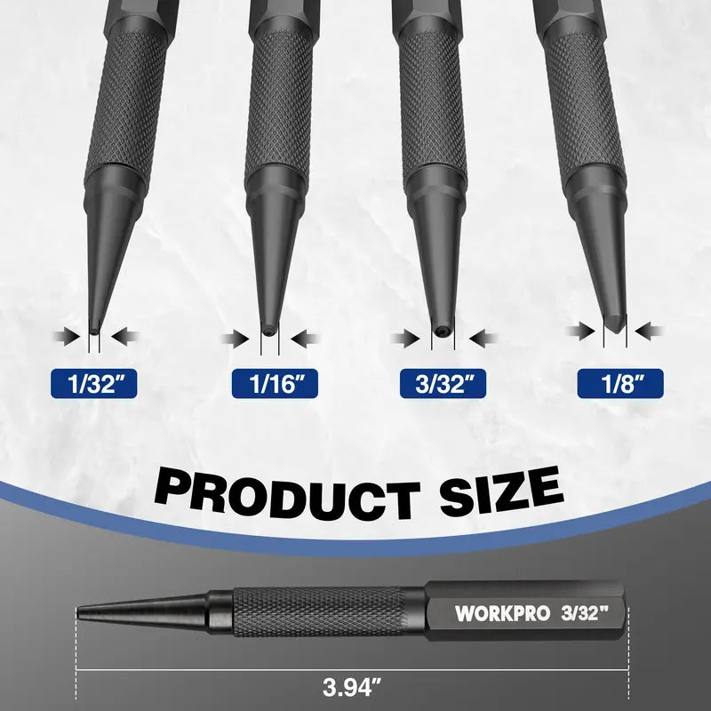 WORKPRO 4-Piece Precision Punch Set — Includes Nail and Center Punches in Common Sizes