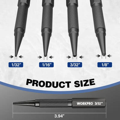 WORKPRO 4-Piece Precision Punch Set — Includes Nail and Center Punches in Common Sizes