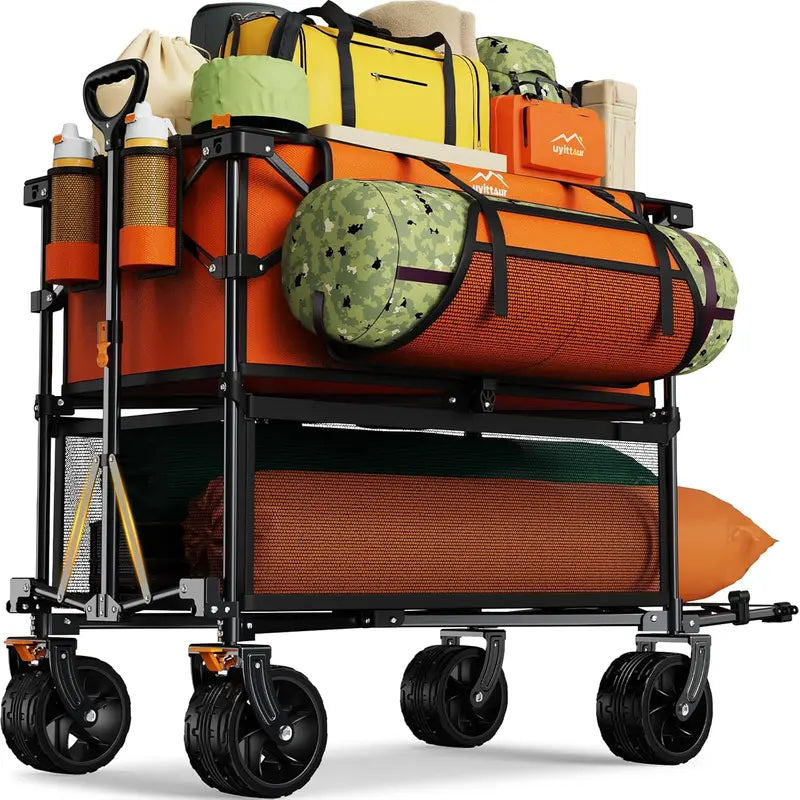 50″ Outdoor All-Terrain Double-Decker Wagon  400L Collapsible Sports & Utility Cart for Camping & Transport