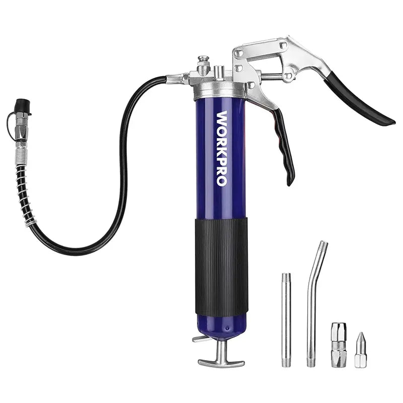WORKPRO Pistol-Grip Grease Gun Kit  18″ Flexible Hose, 2 Fixed Tubes, 3 Nozzles, 14 oz Capacity, 4000 PSI Output
