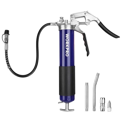 WORKPRO Pistol-Grip Grease Gun Kit  18″ Flexible Hose, 2 Fixed Tubes, 3 Nozzles, 14 oz Capacity, 4000 PSI Output