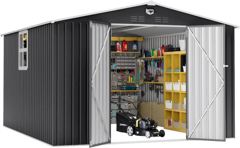 10x12ft Metal Outdoor Storage Shed  Durable Garden Tool & Equipment Shelter