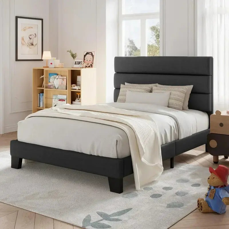 Allewie King Platform Bed Frame  Velvet-Upholstered Headboard with Solid Wood Slats